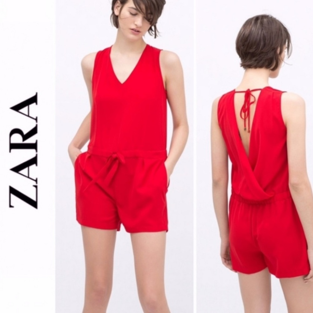 Zara Red V-Neck Romper Open Tie Back, Sleeveless, Belted + Pockets S